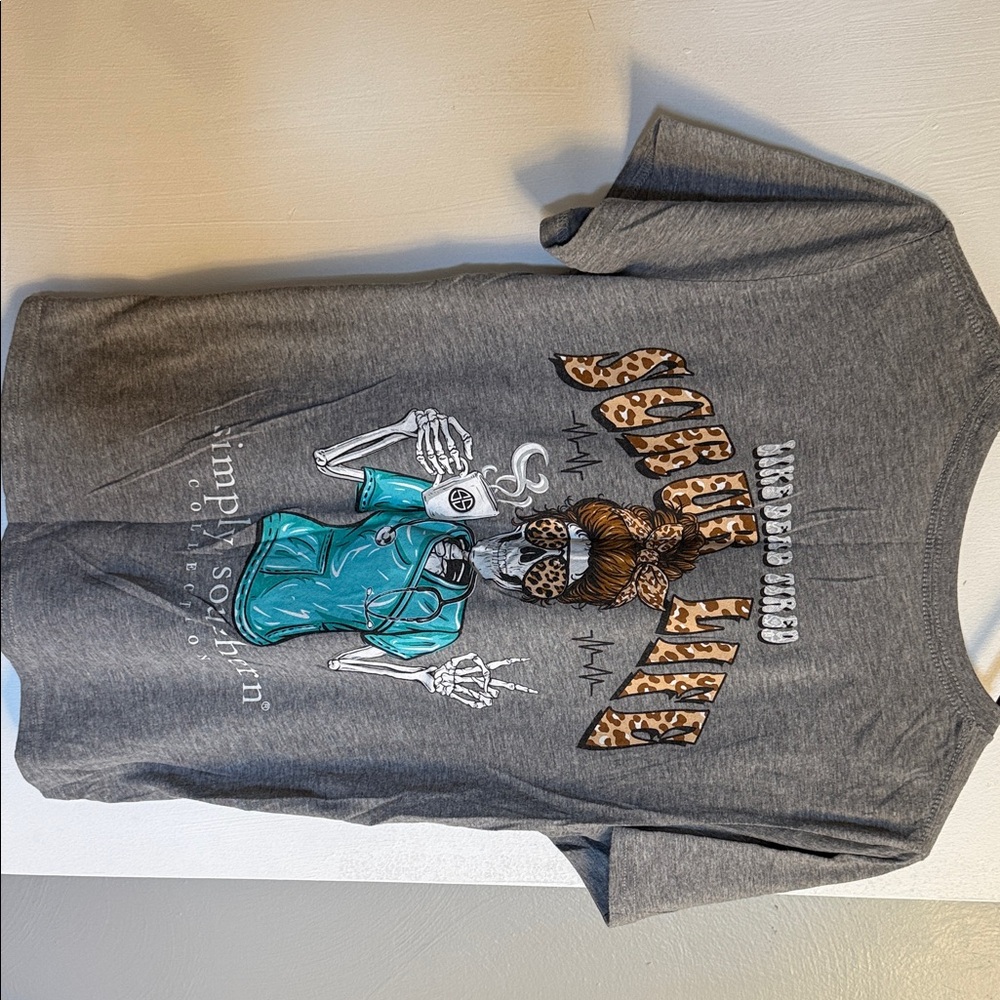 Women’s simply southern Nurse Graphic Tee - Gray with Teal & Leopard Print